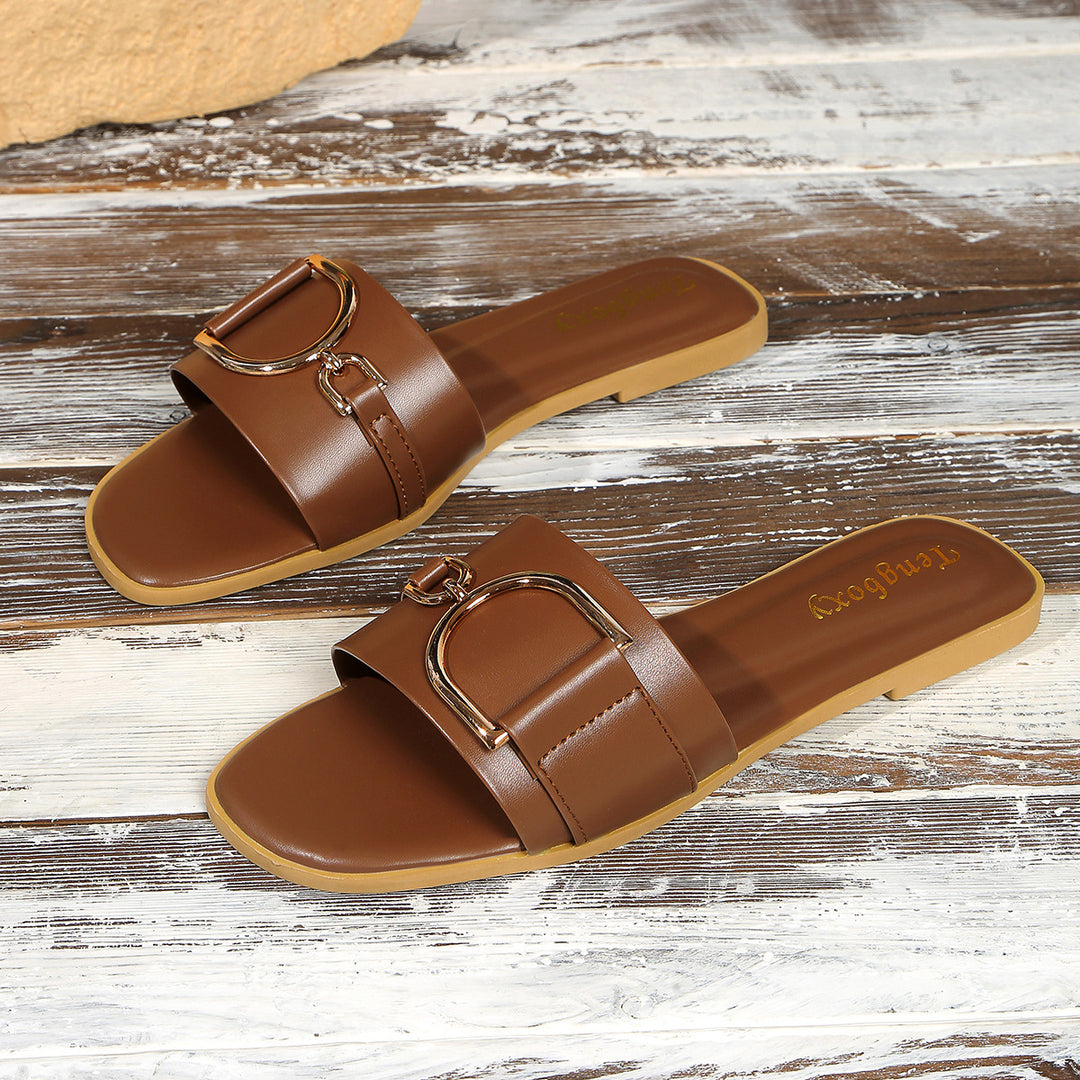 Damen elegante Slide-Pantoletten mit dekorativem Metall-Detail R&B