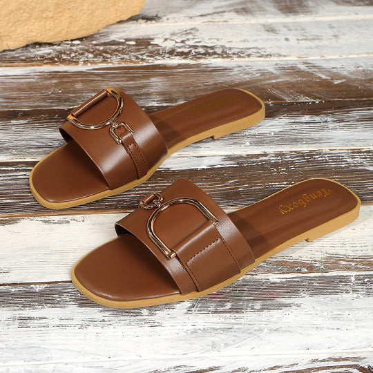 Damen elegante Slide-Pantoletten mit dekorativem Metall-Detail R&B