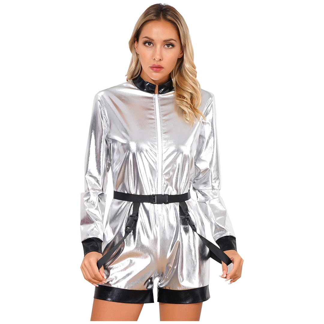 Damen Futuristischer Glanz-Jumpsuit mit Reißverschluss und abnehmbarem Gürtel R&B