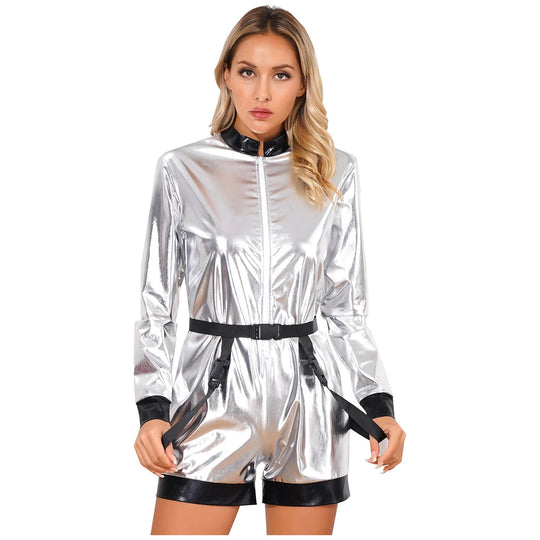Damen Futuristischer Glanz-Jumpsuit mit Reißverschluss und abnehmbarem Gürtel R&B