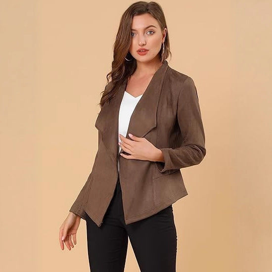 Damen modische Synthetiklederjacke mit offenem Schnitt und Taschen R&B