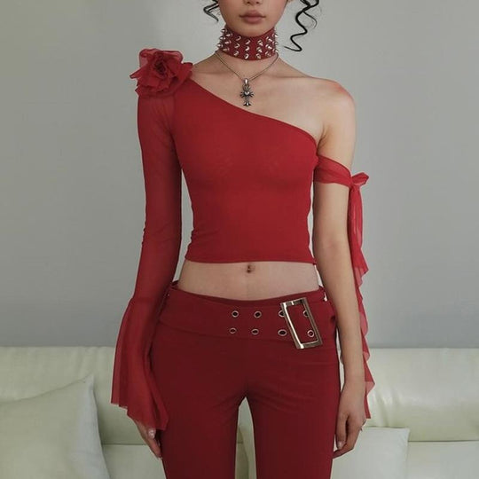 Damen Off-Shoulder Oberteil mit transparenten Ärmeln und dekorativen Akzenten R&B