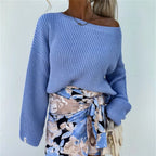 Damen gemütlicher Strickpullover mit weitem Schnitt und offener Schulter R&B