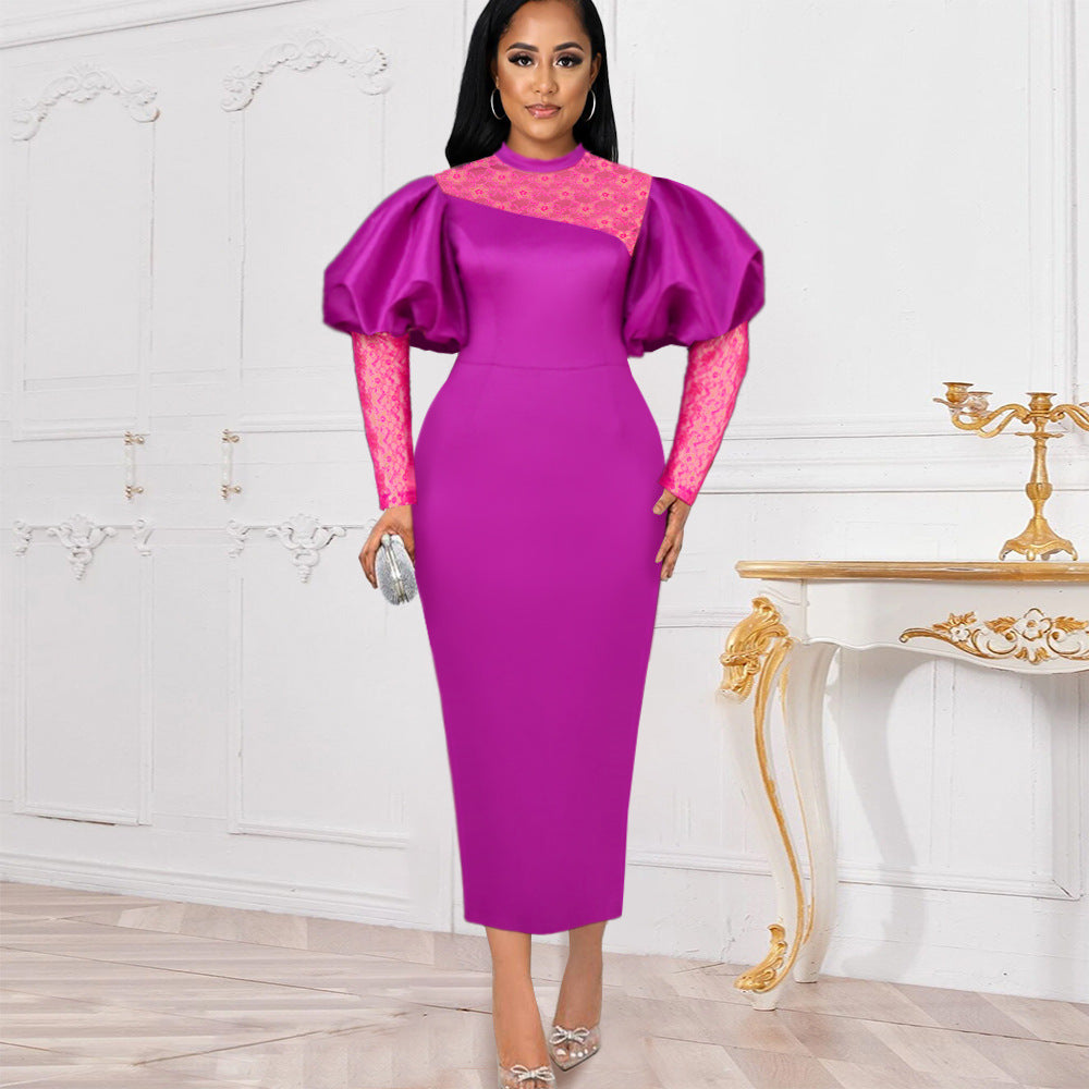 Damen Midi-Kleid mit langen Spitzenärmeln und voluminösen Puffärmeln R&B