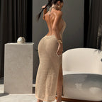 Damen Häkel-Strandkleid mit tiefem V-Ausschnitt und transparentem Netzdesign R&B