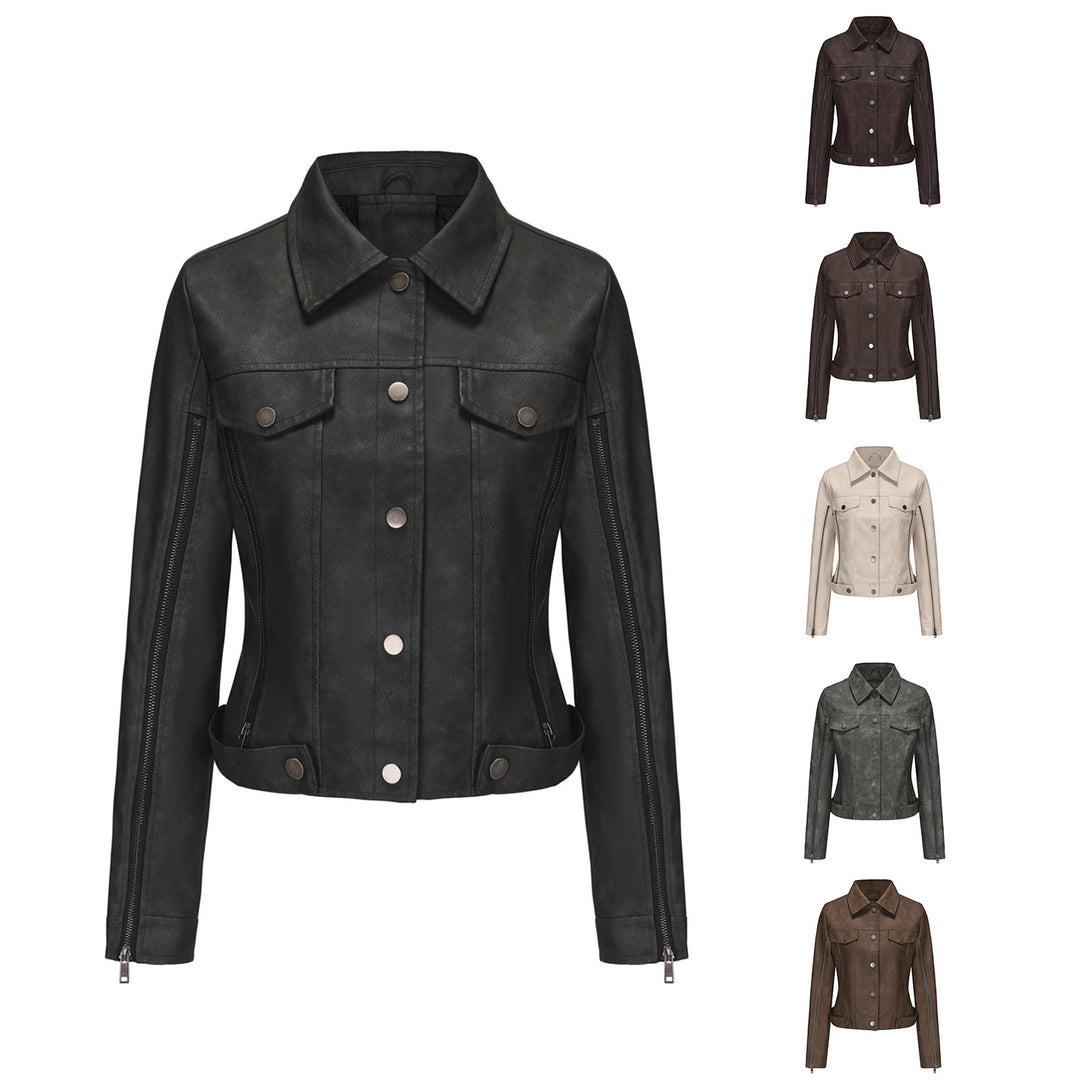 Damen modische Shortjacke aus Kunstleder mit Reißverschlussdetails R&B