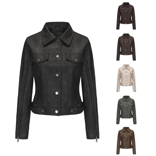 Damen modische Shortjacke aus Kunstleder mit Reißverschlussdetails R&B