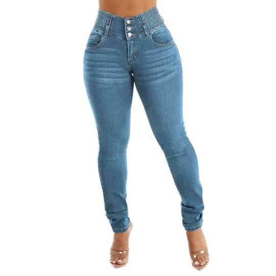 Damen Hochtaillierte Jeans mit elastischem Bund und Knopfdetails R&B