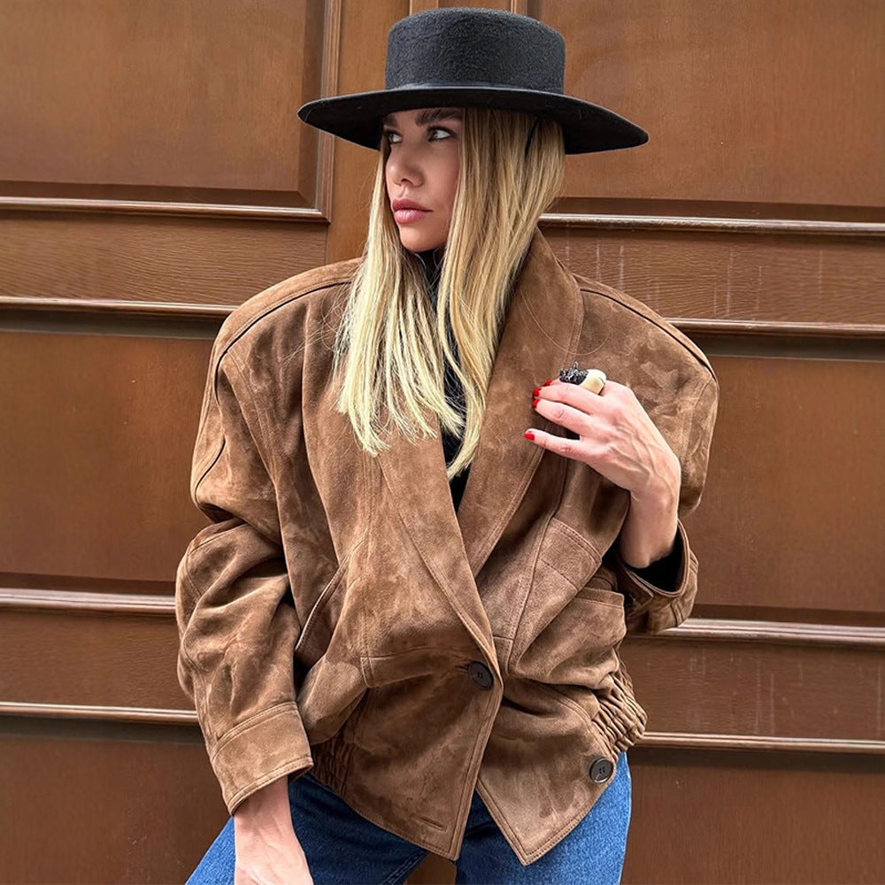 Damen Oversize Wildlederjacke mit modernem Schnitt und praktischen Taschen R&B