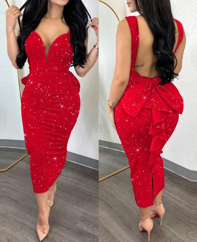 Damen figurbetontes Midikleid mit tiefem V-Ausschnitt und peplum Saum R&B