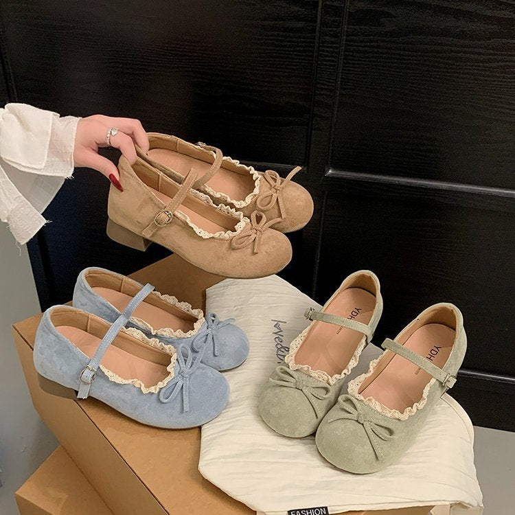 Damen elegante Mary Jane Ballerinas mit dekorativem Spitzenrand und Schleifenakzent R&B