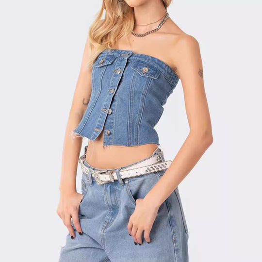 Damen Denim-Crop-Top mit gestricktem Überwurf R&B