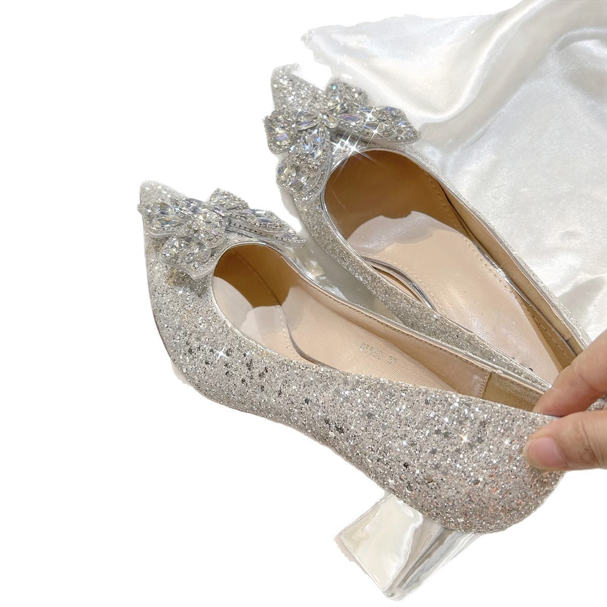 Damen spitze High Heels mit funkelndem Strass und großem Schleifenakzent R&B