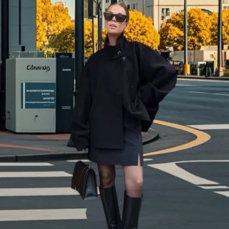 Damen Lässige Wolldecke-Jacke mit hohem Kragen und Knopfverschluss R&B