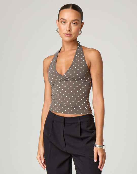 Damen Halter-Top mit Punktmuster und V-Ausschnitt R&B