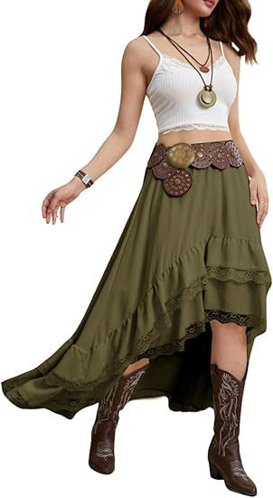 Damen Boho Maxi-Rock mit asymmetrischem Saum und Spitzenverzierungen R&B