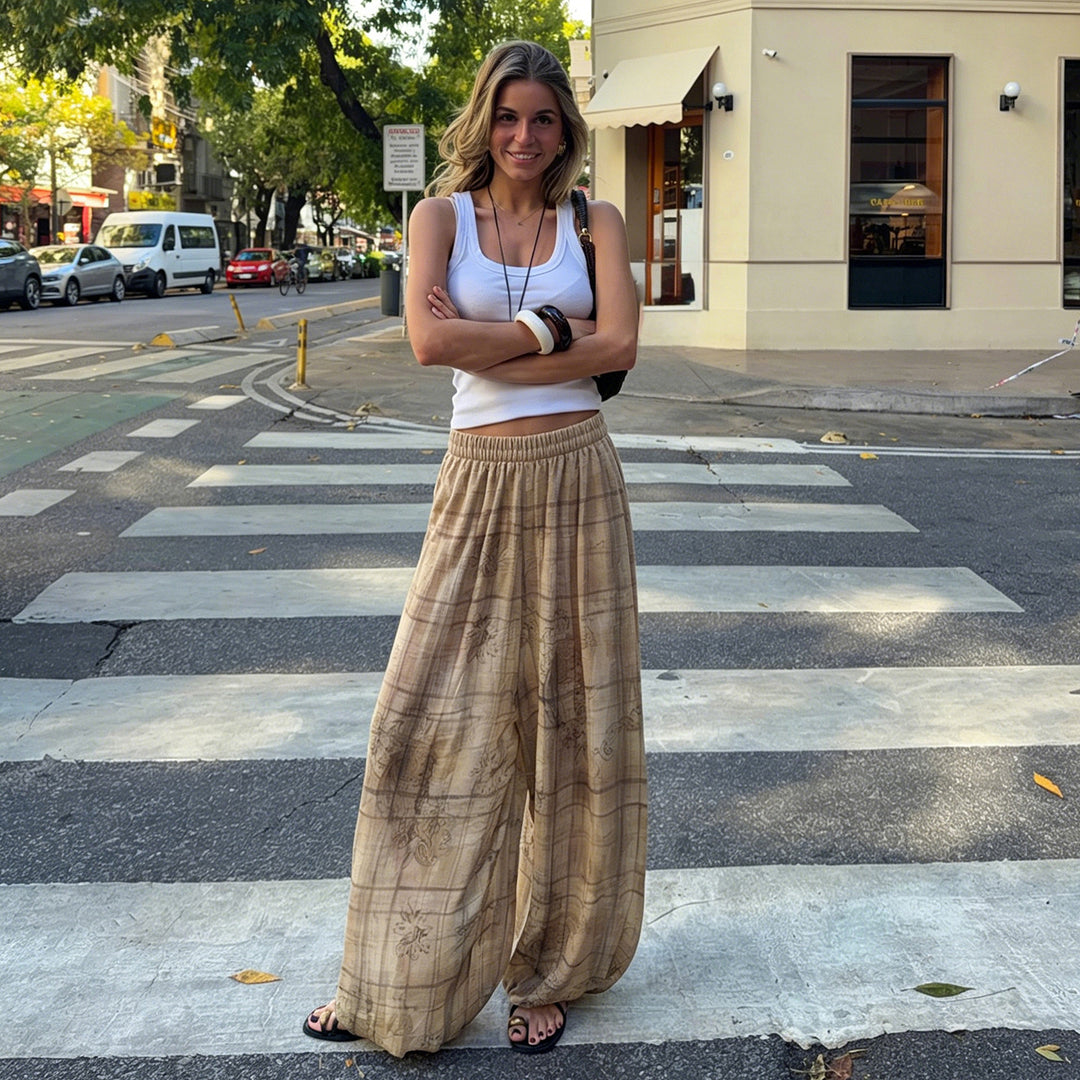 Damen weite Couture-Hosen mit elegantem Druck und elastischem Taillenbund R&B