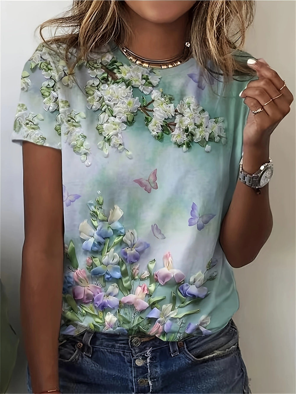 Damen T-Shirt mit floralem Design und modernem Schnitt R&B