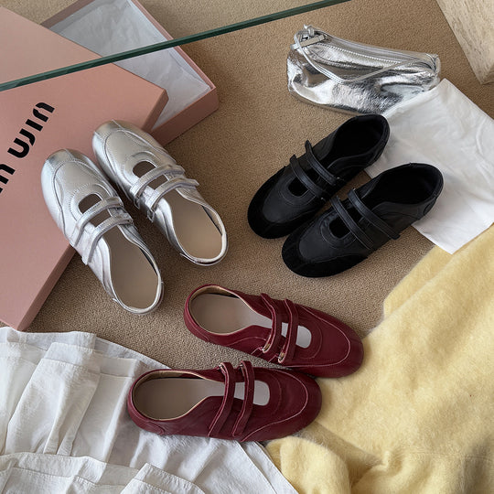 Damen Ballerina-Schuhe im modernen Metallic-Look mit doppeltem Riemchen R&B