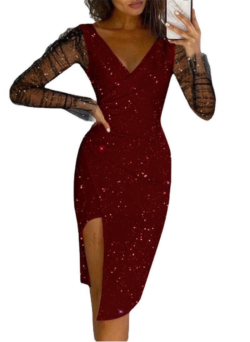 Damen elegantes Wickelkleid mit transparenten Ärmeln und schimmerndem Sternenmuster R&B
