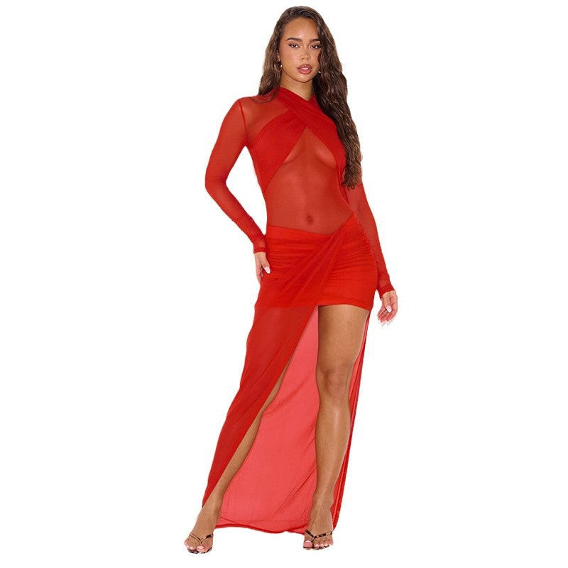 Damen Transparente Maxikleid mit Drapierungen und hochgeschlossenem Design R&B