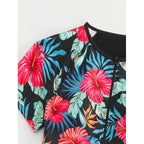 Damen Surf-Badeanzug-Set mit floralem Kurzärmel-Oberteil und komfortablen Shorts R&B