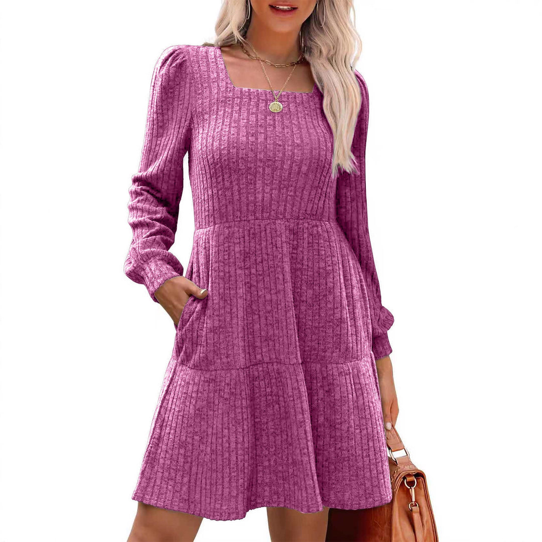 Damen Strickkleid mit modischem Quadrat-Ausschnitt und fließendem Rock R&B