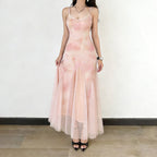 Damen elegantes Maxikleid aus transparenter Spitze und floralem Design R&B