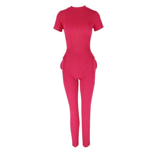 Damen figurbetontes Jumpsuit mit hohem Kragen und Seitentaschen R&B