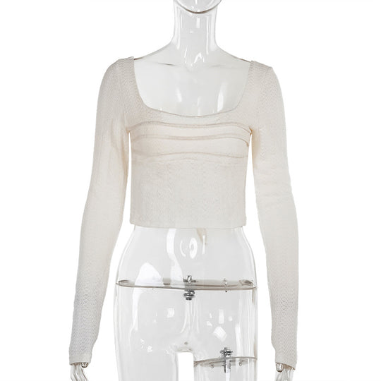 Damen Langarmshirt mit tiefem Ausschnitt und strukturiertem Design R&B
