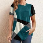 Damen T-Shirt mit modernem geometrischen Design und praktischer Brusttasche R&B