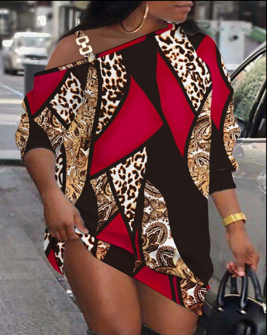 Damen asymmetrisches Kleid mit modischem Grafikdesign und einem Schulter-Detail R&B