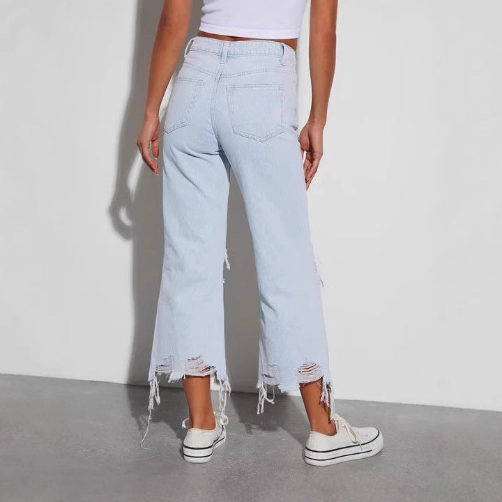 Damen lässige Boyfriend Jeans mit auffälligen Destroyed-Details und weitem Bein R&B
