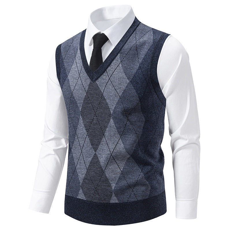 Herren V-Ausschnitt Strickpullover mit elegantem Rautenmuster