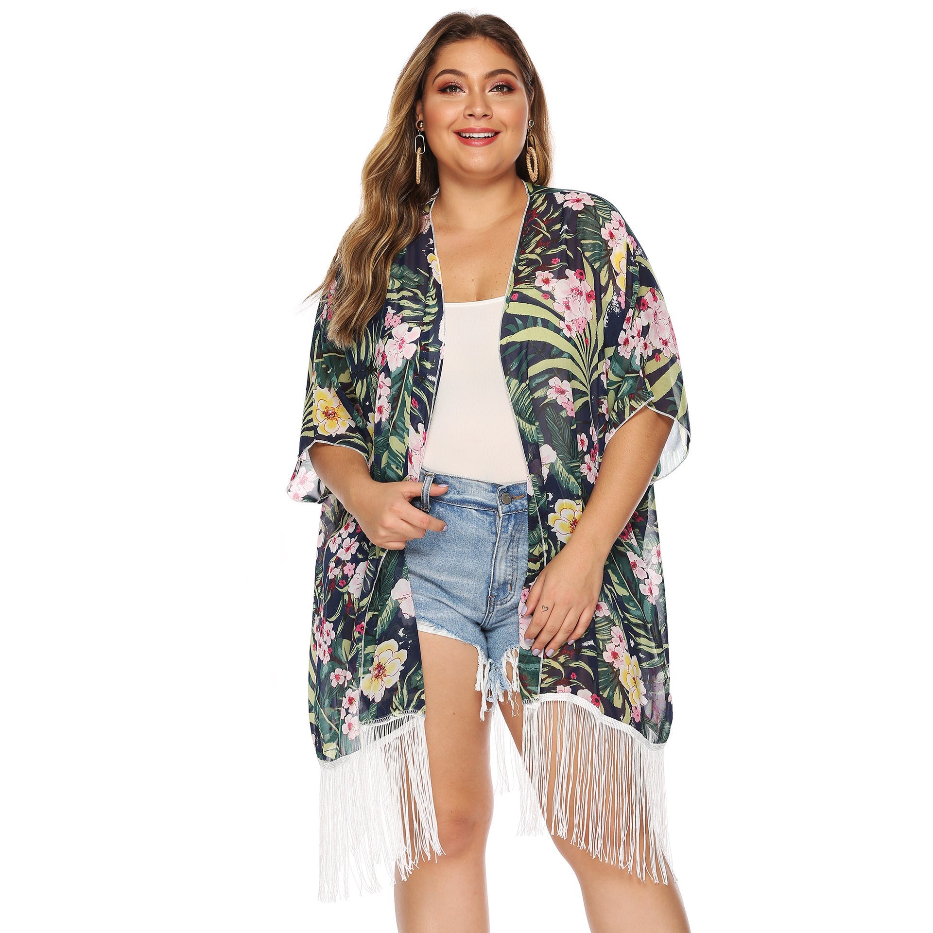 Damen luftiger Strandkimono mit fransigen Akzenten R&B