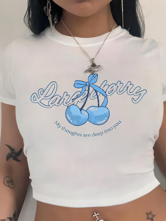 Damen Crop-T-Shirt mit fruchtigem Kirschdesign und lockerem Schnitt R&B