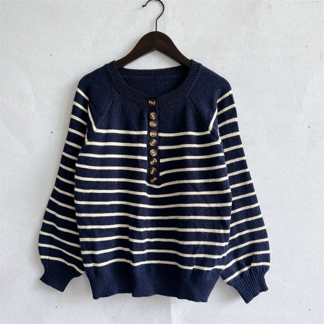 Damen gestreifter Strickpullover mit Knopfdetails und lässigem Schnitt R&B