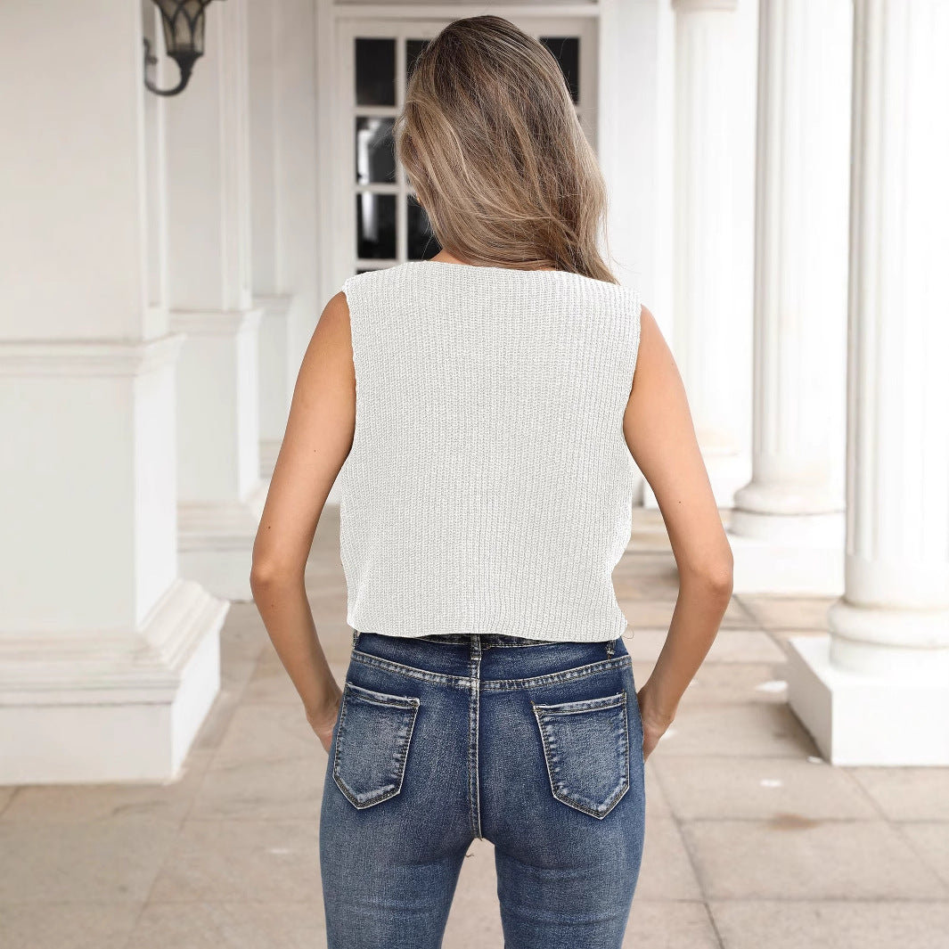 Damen kurzes Stricktop mit Blumenapplikationen R&B