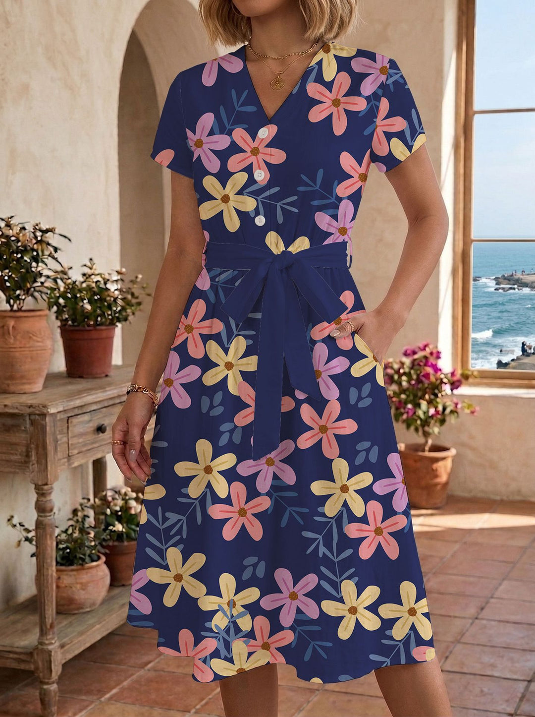 Damen lässiges Maxikleid mit taillierbarem Knoten und dekorativem Karomuster R&B