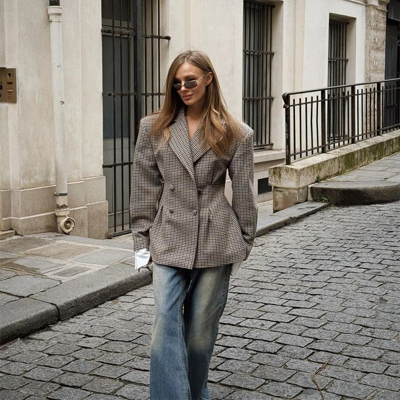 Damen Oversized Blazer mit Karomuster und Knopfdetails R&B