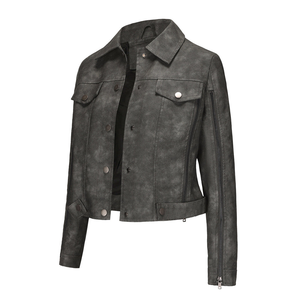 Damen modische Shortjacke aus Kunstleder mit Reißverschlussdetails R&B