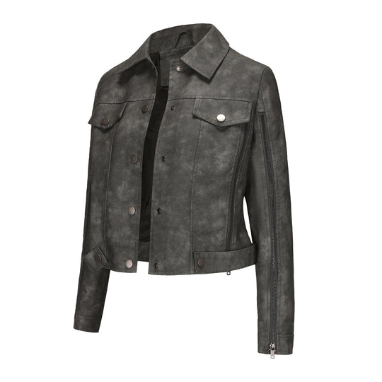 Damen modische Shortjacke aus Kunstleder mit Reißverschlussdetails R&B