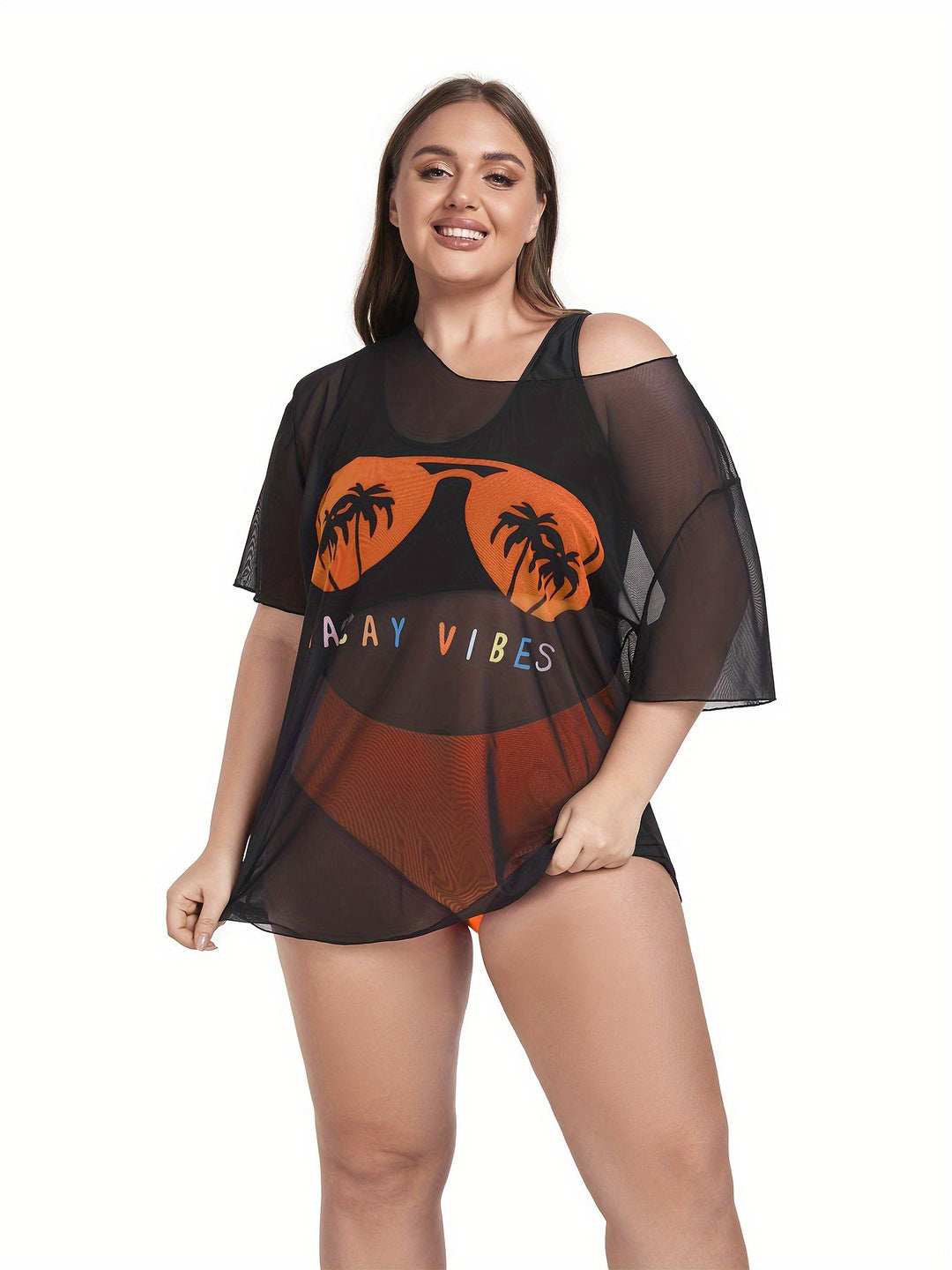 Damen Netz-Strandkleid mit lässigem Aufdruck R&B