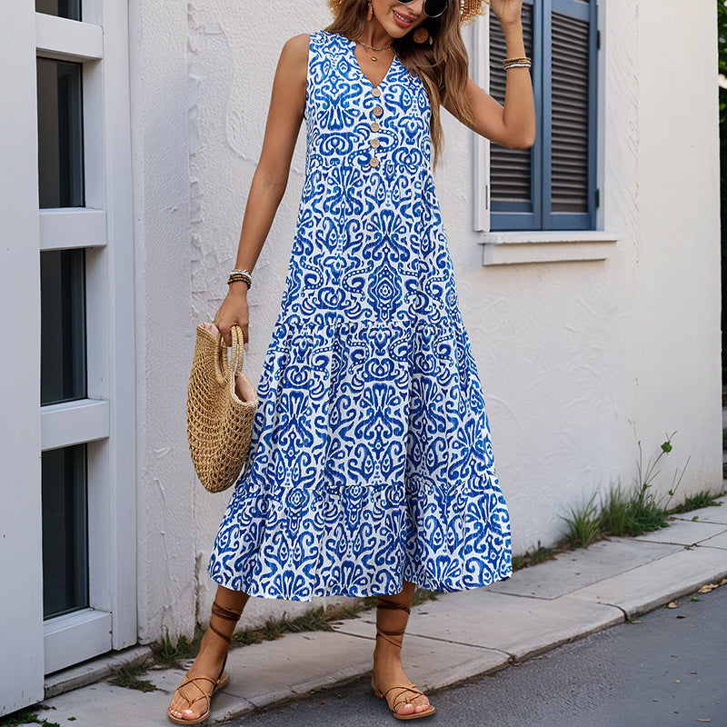 Damen Maxikleid mit romantischem Muster und tiefem V-Ausschnitt R&B