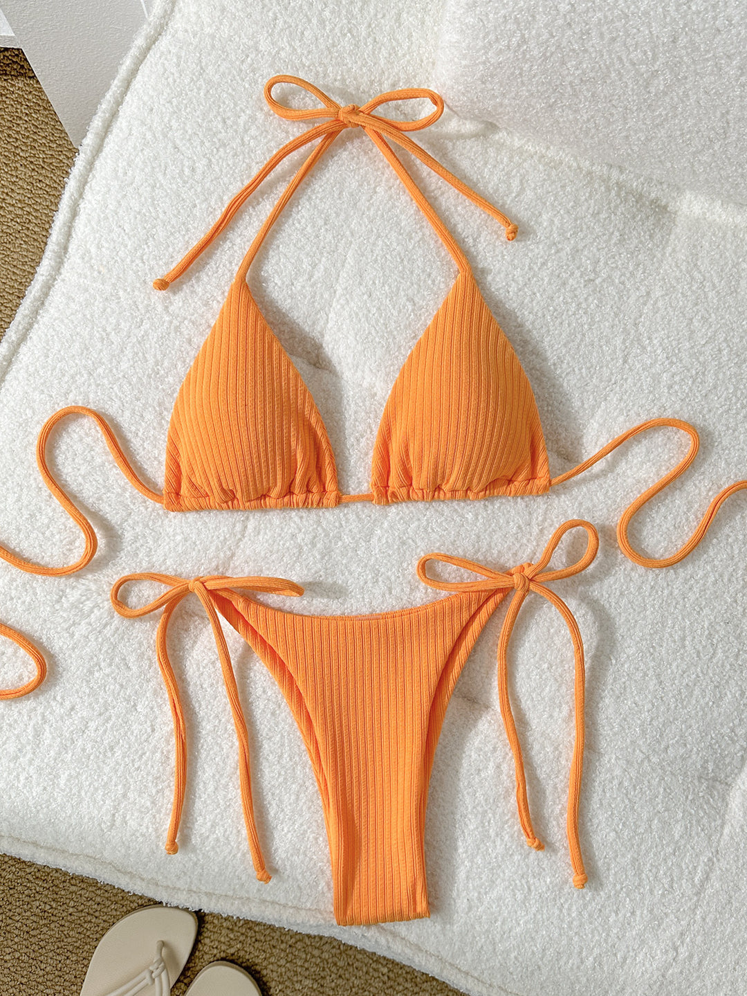 Damen Triangel-Bikini mit elastischen Bindebändern und Ripp-Optik R&B
