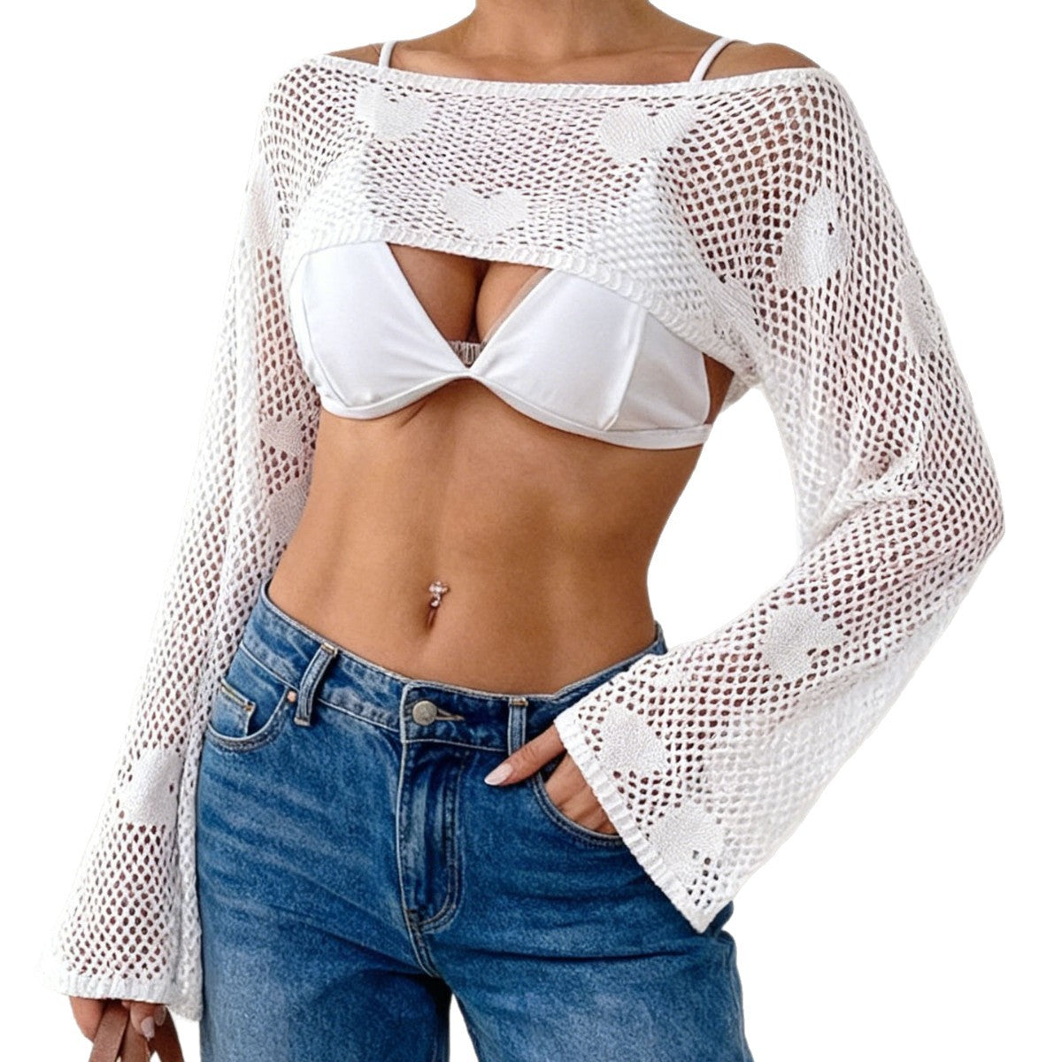 Damen modischer Häkelpullover mit herzförmigem Muster R&B