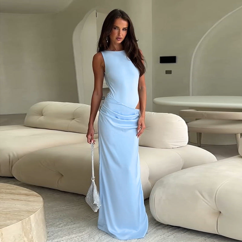 Damen elegantes Maxikleid mit asymmetrischem Design und raffiniertem Tailleneinsatz R&B
