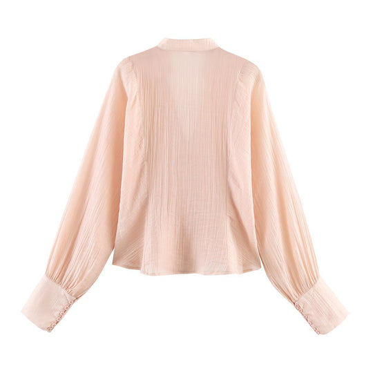 Damen elegante Bluse mit tiefem V-Ausschnitt und strukturierten Ärmeln R&B