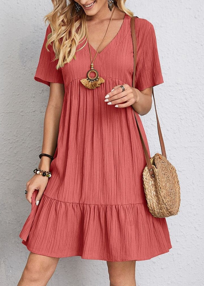 Damen nan Crinkle-Sommerkleid mit V-Ausschnitt, Empirenaht und Volant-Saum R&B