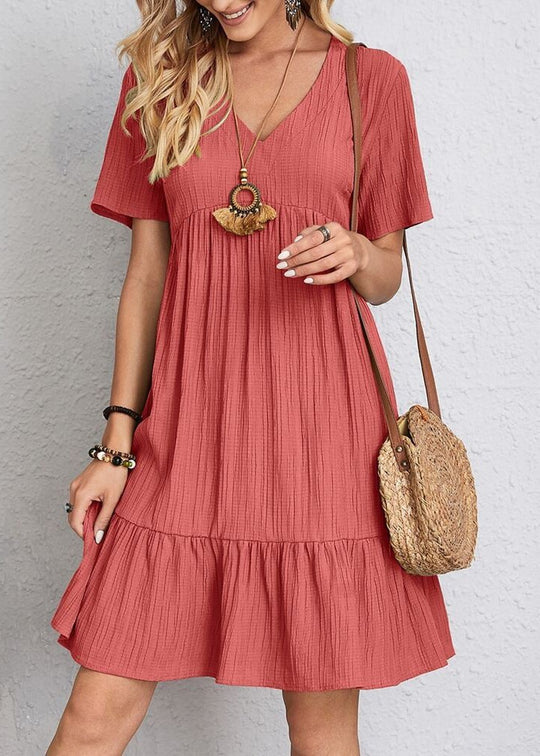 Damen nan Crinkle-Sommerkleid mit V-Ausschnitt, Empirenaht und Volant-Saum R&B